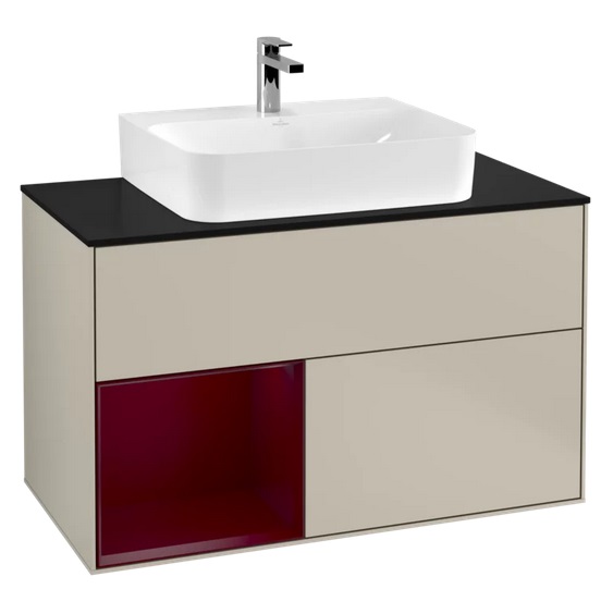 Тумба под раковину Villeroy & Boch Finion 100х50,1 см с подсветкой МДФ песок матовый лак/пион матовый лак/стекло черное матовое G112HBHH