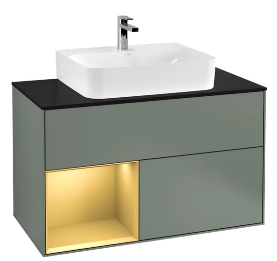 Тумба под раковину Villeroy & Boch Finion 100х50,1 см с подсветкой МДФ оливковый матовый лак/золотой матовый лак/стекло черное матовое G112HFGM