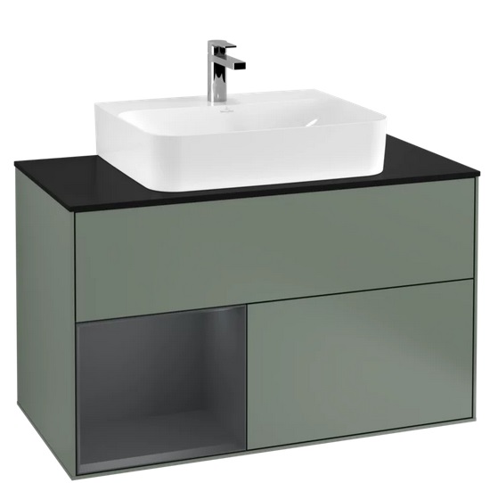 Тумба под раковину Villeroy & Boch Finion 100х50,1 см с подсветкой МДФ оливковый матовый лак/темно-синий матовый лак/стекло черное матовое G112HGGM