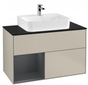 Тумба під раковину Villeroy & Boch Finion 100х50,1 см із підсвічуванням МДФ пісок матовий лак/темно-синій матовий лак/скло чорне матове G112HGHH