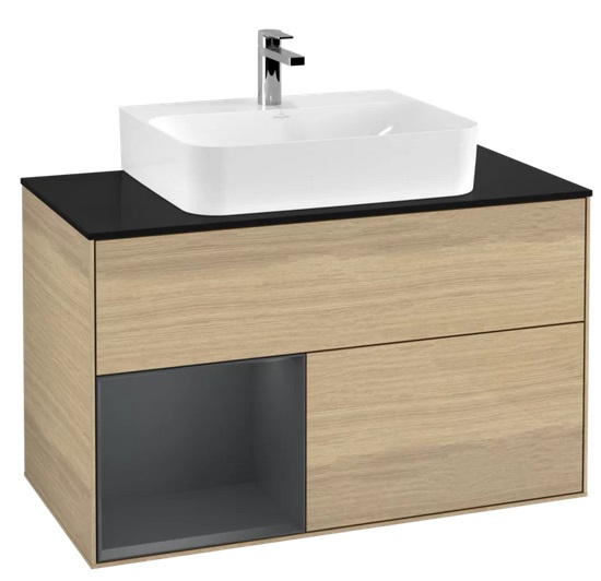 Тумба під раковину Villeroy & Boch Finion 100х50,1 см із підсвічуванням ДСП шпон дуба/темно-синій матовий лак/скло чорне матове G112HGPC