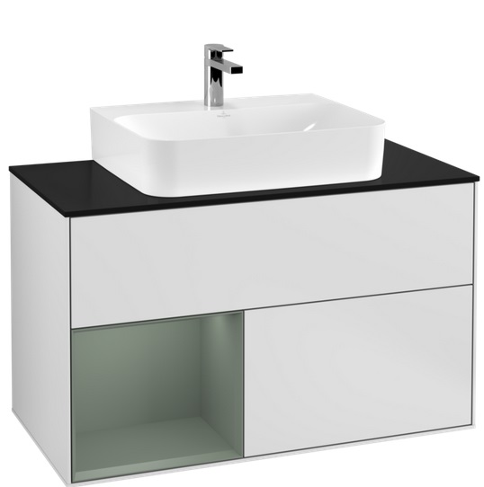 Тумба под раковину Villeroy & Boch Finion 100х50,1 см с подсветкой МДФ белый матовый лак/оливковый матовый лак/стекло черное матовое G112GMMT