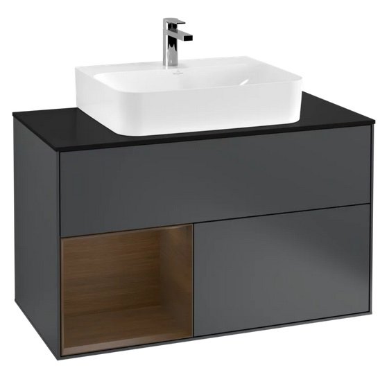 Тумба під раковину Villeroy & Boch Finion 100х50,1 см з підсвічуванням МДФ темно-синій матовий лак/шпон волоського горіха/скло чорне матове G112GNHG