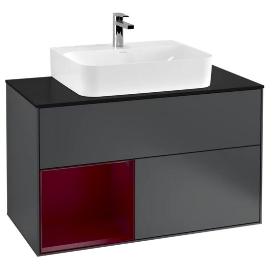 Тумба під раковину Villeroy & Boch Finion 100х50,1 см з підсвічуванням темно-синій матовий лак/півон матовий лак/скло чорне матове G112HBHG