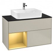 Тумба під раковину Villeroy & Boch Finion 100х50,1 см із підсвічуванням МДФ пісок матовий лак/золотий матовий лак/скло чорне матове G112HFHH