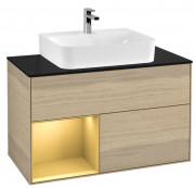Тумба під раковину Villeroy & Boch Finion 100х50,1 см з підсвічуванням ДСП шпон дуба/золотий матовий лак/скло чорне матове G112HFPC