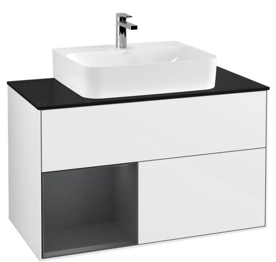 Тумба під раковину Villeroy & Boch Finion 100х50,1 см із підсвічуванням МДФ глянсовий білий лак/темно-синій матовий лак/скло чорне матове G112HGGF