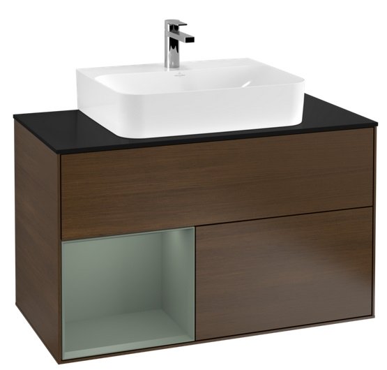 Тумба під раковину Villeroy & Boch Finion 100х50,1 см з підсвічуванням ДСП шпон волоського горіха/оливковий матовий лак/скло чорне матове G112GMGN