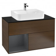 Тумба под раковину Villeroy & Boch Finion 100х50,1 см с подсветкой ДСП шпон грецкого ореха/темно-синий матовый лак/стекло черное матовое G112HGGN