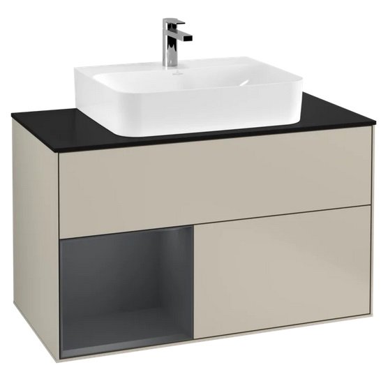 Тумба под раковину Villeroy & Boch Finion 100х50,1 см с подсветкой МДФ песок матовый лак/темно-синий матовый лак/стекло черное матовое G112HGHH