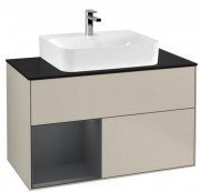 Тумба під раковину Villeroy & Boch Finion 100х50,1 см із підсвічуванням МДФ пісок матовий лак/темно-синій матовий лак/скло чорне матове G112HGHH