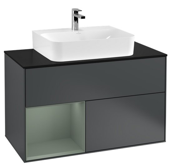 Тумба под раковину Villeroy & Boch Finion 100х50,1 см с подсветкой МДФ темно-синий матовый лак/оливковый матовый лак/стекло черное матовое G112GMHG