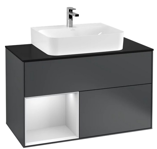 Тумба под раковину Villeroy & Boch Finion 100х50,1 см с подсветкой МДФ темно-синий матовый лак/белый матовый лак/стекло черное матовое G112MTHG