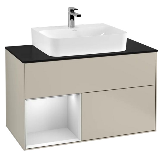 Тумба под раковину Villeroy & Boch Finion 100х50,1 см с подсветкой МДФ песок матовый лак/белый матовый лак/стекло черное матовое G112MTHH