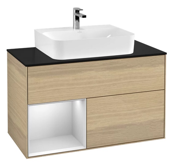 Тумба под раковину Villeroy & Boch Finion 100х50,1 см с подсветкой ДСП шпон дуба/белый матовый лак/стекло черное матовое G112MTPC