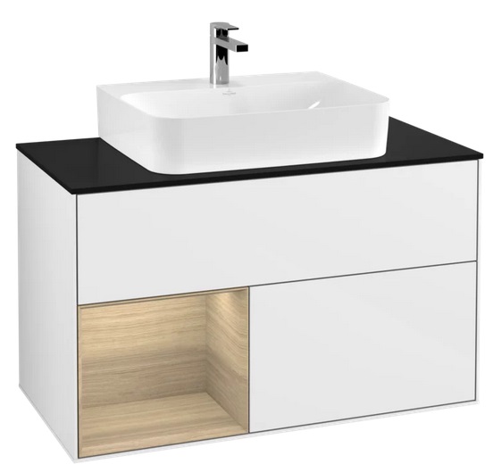 Тумба под раковину Villeroy & Boch Finion 100х50,1 см с подсветкой МДФ глянцевый белый лак/шпон дуба/стекло черное матовое G112PCGF