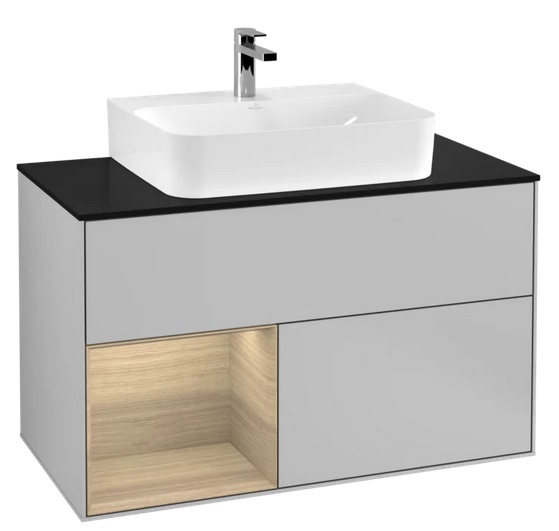 Тумба под раковину Villeroy & Boch Finion 100х50,1 см с подсветкой МДФ светло-серый матовый лак/шпон дуба/стекло черное матовое G112PCGJ