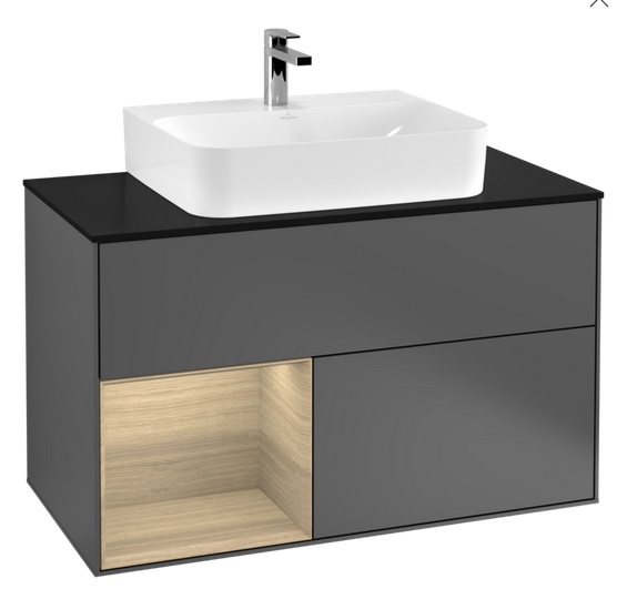 Тумба под раковину Villeroy & Boch Finion 100х50,1 см с подсветкой МДФ антрацит матовый лак/шпон дуба/стекло черное матовое G112PCGK