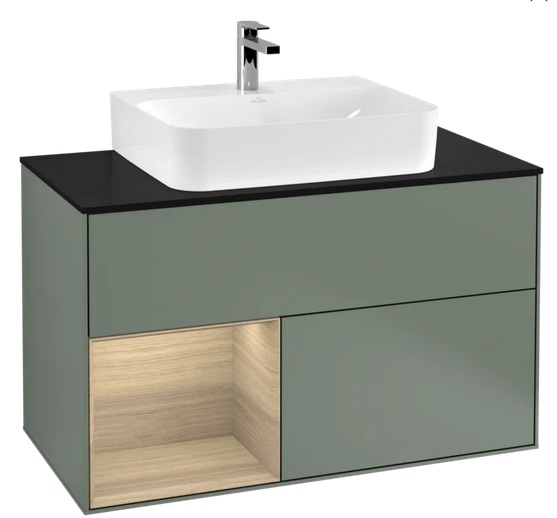 Тумба под раковину Villeroy & Boch Finion 100х50,1 см с подсветкой МДФ оливковый матовый лак/шпон дуба/стекло черное матовое G112PCGM