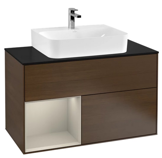 Тумба під раковину Villeroy & Boch Finion 100х50,1 см з підсвічуванням ДСП шпон волоського горіха/пісок матовий лак/скло чорне матове G112HHGN