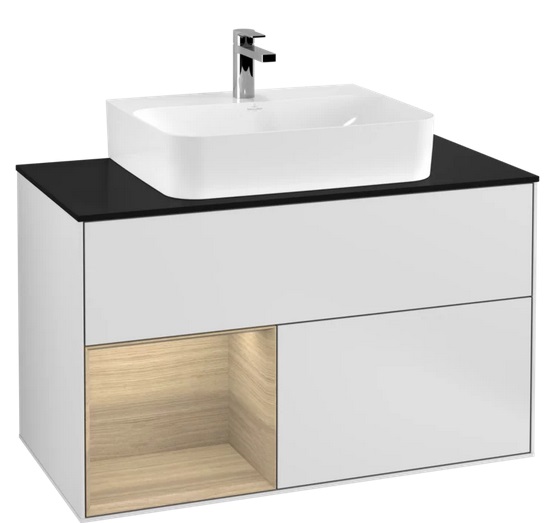 Тумба под раковину Villeroy & Boch Finion 100х50,1 см с подсветкой МДФ белый матовый лак/шпон дуба/стекло черное матовое G112PCMT