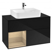 Тумба под раковину Villeroy & Boch Finion 100х50,1 см с подсветкой МДФ глянцевый черный лак/шпон дуба/стекло черное матовое  G112PCPH