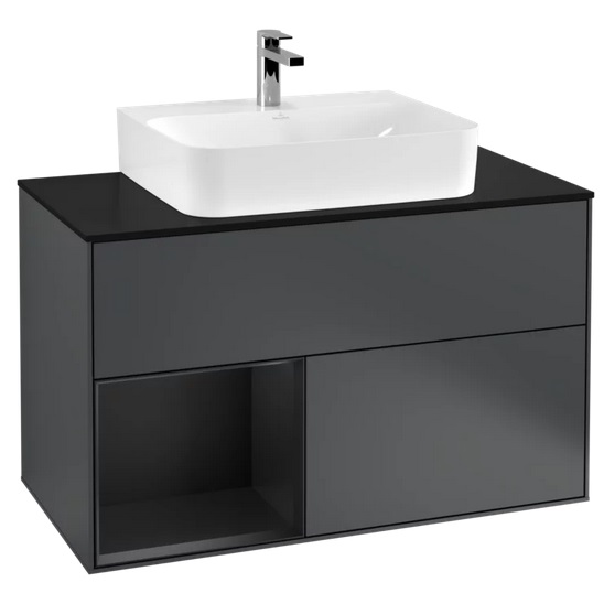 Тумба под раковину Villeroy & Boch Finion 100х50,1 см с подсветкой МДФ темно-синий матовый лак/черный матовый лак/стекло черное матовое G112PDHG