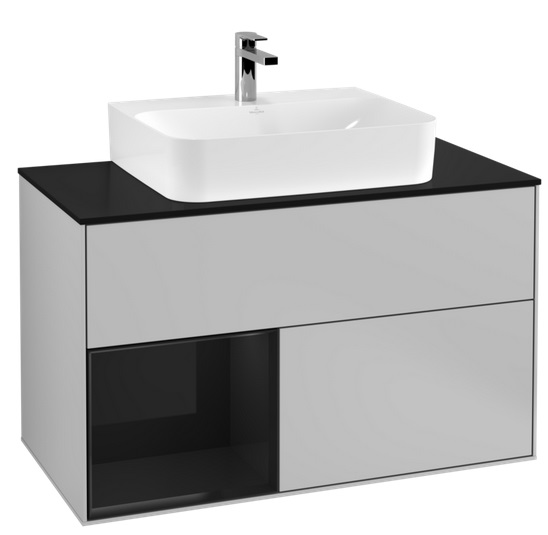 Тумба под раковину Villeroy & Boch Finion 100х50,1 см с подсветкой МДФ светло-серый матовый лак/глянцевый черный лак/стекло черное матовое G112PHGJ
