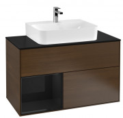 Тумба под раковину Villeroy & Boch Finion 100х50,1 см с подсветкой ДСП шпон грецкого ореха/глянцевый черный лак/стекло черное матовое G112PHGN