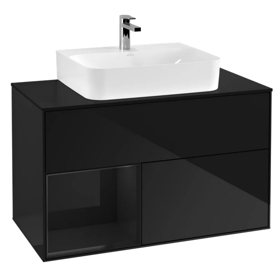 Тумба под раковину Villeroy & Boch Finion 100х50,1 см с подсветкой МДФ глянцевый черный лак/стекло черное матовое G112PHPH