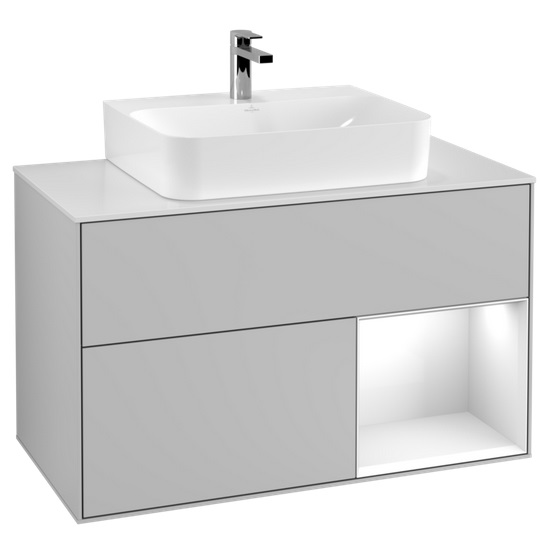 Тумба под раковину Villeroy & Boch Finion 100х50,1 см с подсветкой МДФ светло-серый матовый лак/глянцевый белый лак/стекло белое матовое F121GFGJ