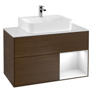 Тумба под раковину Villeroy & Boch Finion 100х50,1 см с подсветкой ДСП шпон грецкого ореха/глянцевый белый лак/стекло белое матовое F121GFGN