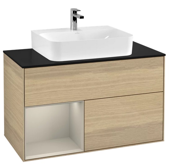 Тумба под раковину Villeroy & Boch Finion 100х50,1 см с подсветкой ДСП шпон дуба/песок матовый лак/стекло черное матовое G112HHPC