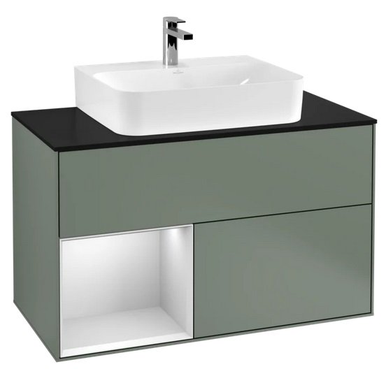 Тумба под раковину Villeroy & Boch Finion 100х50,1 см с подсветкой МДФ оливковый матовый лак/белый матовый лак/стекло черное матовое G112MTGM