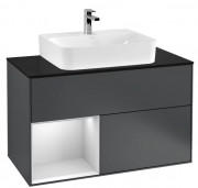 Тумба під раковину Villeroy & Boch Finion 100х50,1 см з підсвічуванням темно-синій матовий лак/білий матовий лак/скло чорне матове G112MTHG