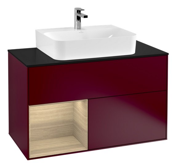 Тумба под раковину Villeroy & Boch Finion 100х50,1 см с подсветкой МДФ пион матовый лак/шпон дуба/стекло черное матовое G112PCHB