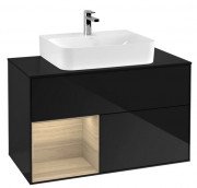 Тумба под раковину Villeroy & Boch Finion 100х50,1 см с подсветкой МДФ глянцевый черный лак/шпон дуба/стекло черное матовое  G112PCPH