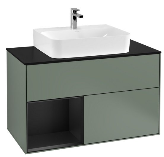 Тумба під раковину Villeroy & Boch Finion 100х50,1 см із підсвічуванням МДФ оливковий матовий лак/чорний матовий лак/скло чорне матове G112PDGM