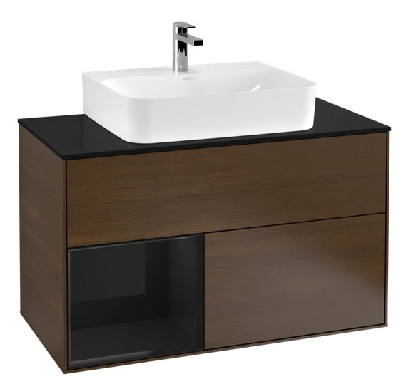 Тумба під раковину Villeroy & Boch Finion 100х50,1 см з підсвічуванням ДСП шпон волоського горіха/чорний глянцевий лак/скло чорне матове G112PHGN