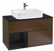 Тумба под раковину Villeroy & Boch Finion 100х50,1 см с подсветкой ДСП шпон грецкого ореха/глянцевый черный лак/стекло черное матовое G112PHGN