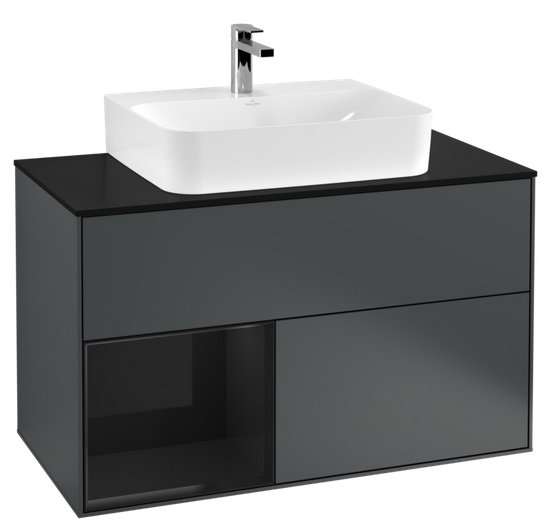 Тумба под раковину Villeroy & Boch Finion 100х50,1 см с подсветкой МДФ темно-синий матовый лак/глянцевый черный лак/стекло черное матовое G112PHHG