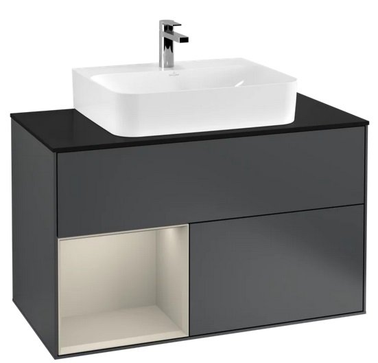 Тумба под раковину Villeroy & Boch Finion 100х50,1 см с подсветкой МДФ темно-синий матовый лак/песок матовый лак/стекло черное матовое G112HHHG