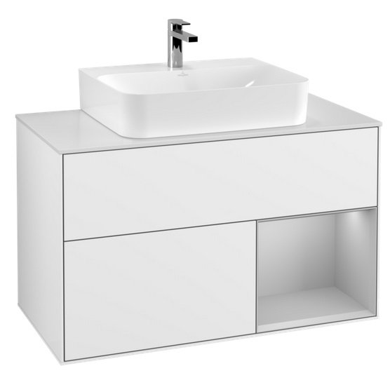 Тумба під раковину Villeroy & Boch Finion 100х50,1 см із підсвічуванням МДФ глянсовий білий лак/світло-сірий матовий лак/скло біле матове F121GJGF