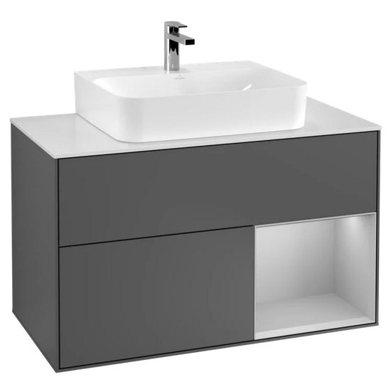 Тумба под раковину Villeroy & Boch Finion 100х50,1 см с подсветкой МДФ антрацит матовый лак/светло-серый матовый лак/стекло белое матовое F121GJGK