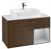 Тумба под раковину Villeroy & Boch Finion 100х50,1 см с подсветкой ДСП шпон грецкого ореха/светло-серый матовый лак/стекло белое матовое F121GJGN