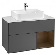 Тумба под раковину Villeroy & Boch Finion 100х50,1 см с подсветкой МДФ антрацит матовый лак/шпон грецкого ореха/стекло белое матовое F121GNGK