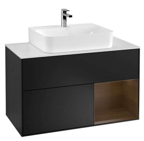 Тумба под раковину Villeroy & Boch Finion 100х50,1 см с подсветкой МДФ черный матовый лак/шпон грецкого ореха/стекло белое матовое F121GNPD