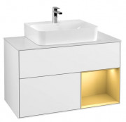 Тумба под раковину Villeroy & Boch Finion 100х50,1 см с подсветкой МДФ глянцевый белый лак/золотой матовый лак/стекло белое матовое F121HFGF