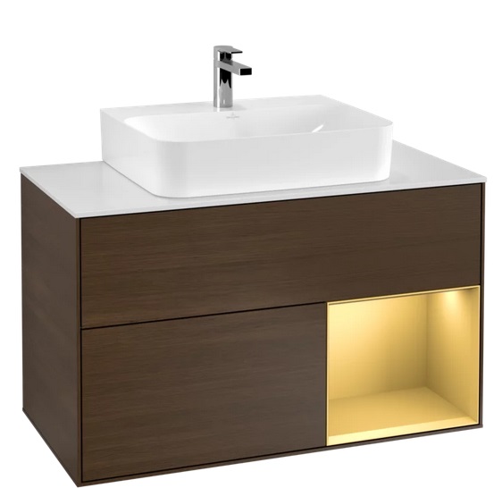 Тумба під раковину Villeroy & Boch Finion 100х50,1 см з підсвічуванням ДСП шпон волоського горіха/золотий матовий лак/скло біле матове F121HFGN