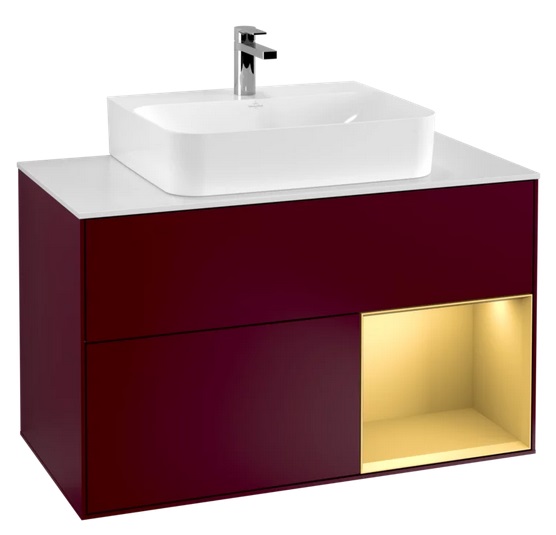 Тумба под раковину Villeroy & Boch Finion 100х50,1 см с подсветкой МДФ пион матовый лак/золотой матовый лак/стекло белое матовое F121HFHB